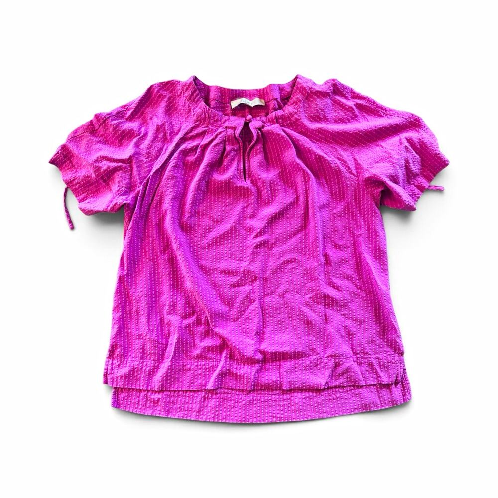LOFT Women’s Large magenta Textured Blouse Puff Sleeve Ruched Tie Keyhole Top